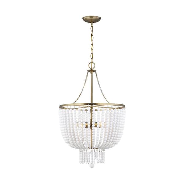 Jackie 4-Light Satin Brass Hanging Chandelier With White Glass Beads
