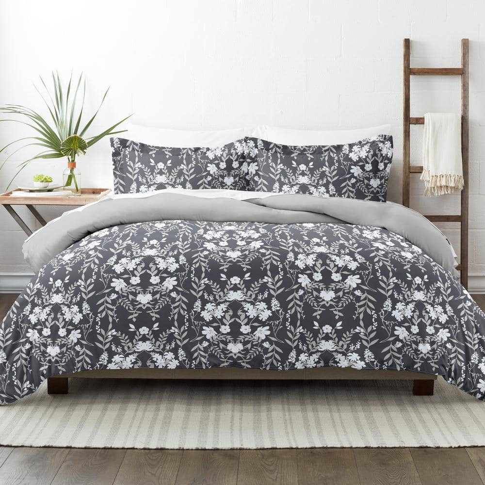 Black Floral Reversible Microfiber Full/Queen Duvet Cover Set