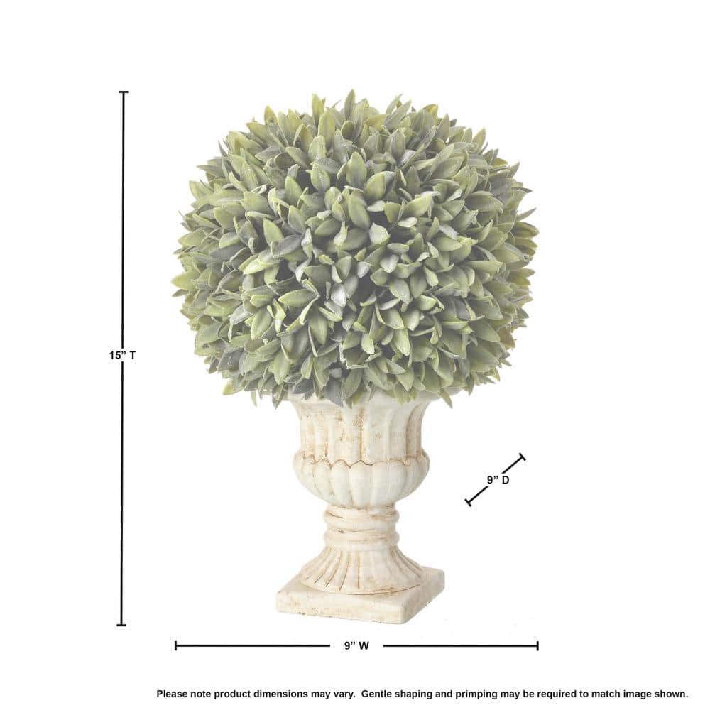 15'' Green Plastic Sage Topiary in White Cement Planter