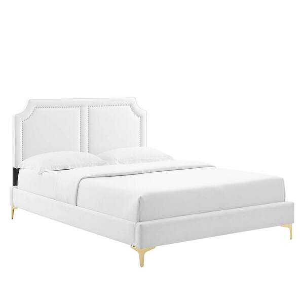 MODWAY Novi White Performance Velvet Frame King Platform Bed with Reinforced Center Beam