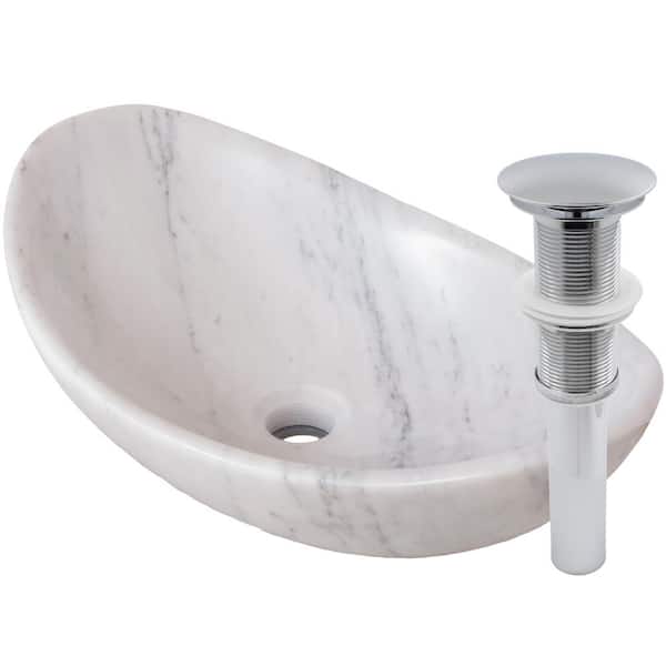 Novatto Stone Bathroom Sink Carrara Marble Oval Vessel Sink in White with Umbrella Drain in Chrome