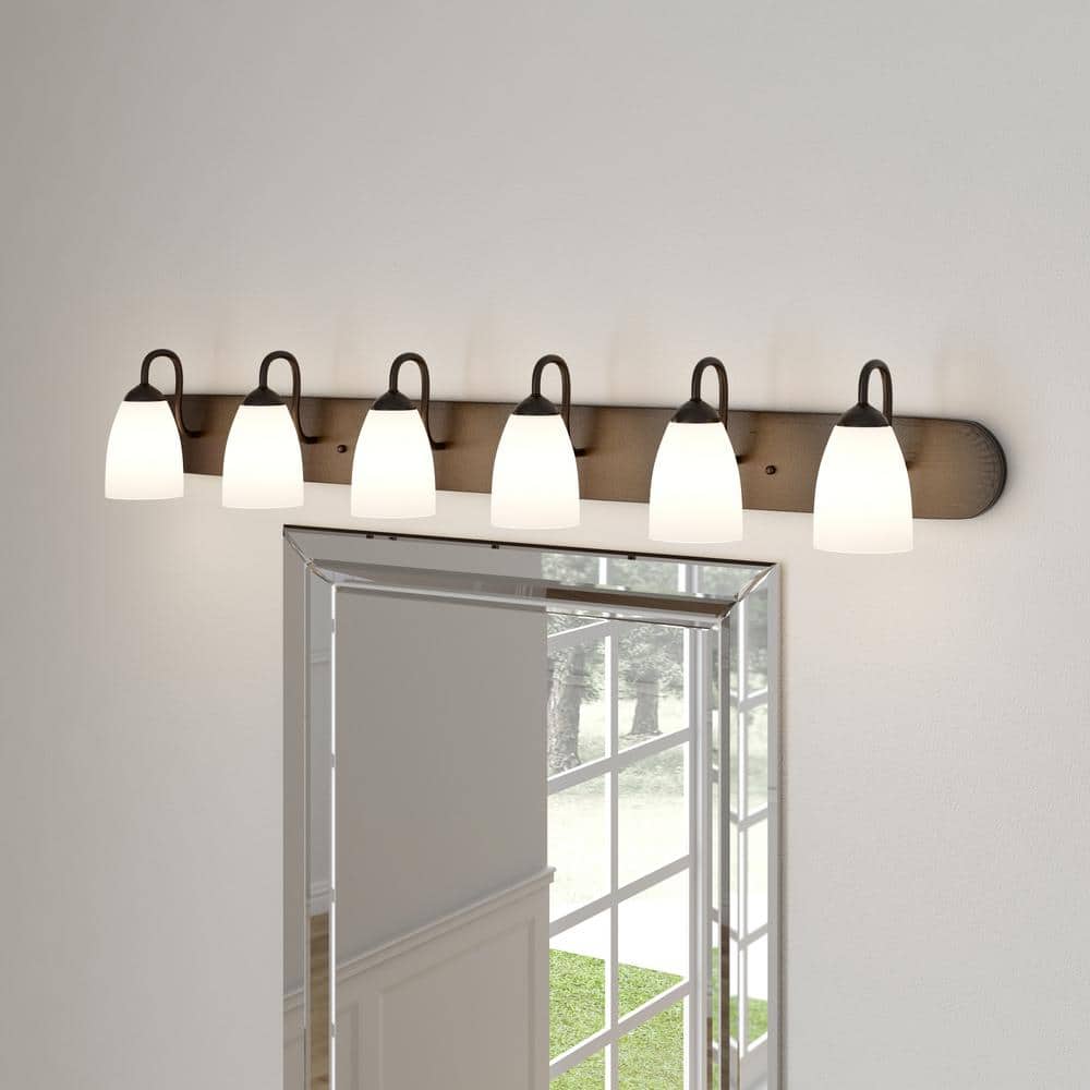 Antique Bronze 48" 6-Light Bath Bracket with Etched Glass Shades
