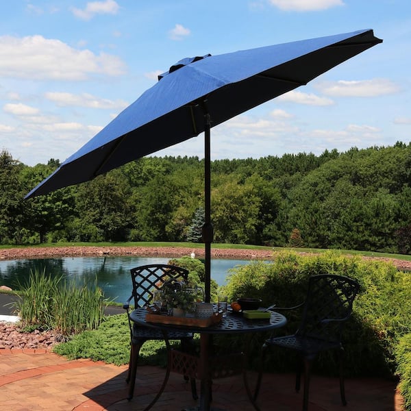 9 ft. Fade Resistant Aluminum Market Auto Tilt Patio Umbrella in Navy Blue
