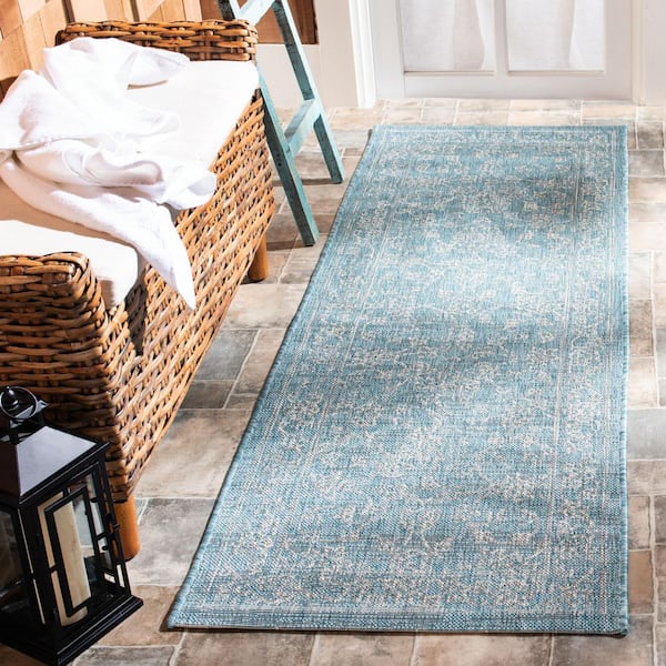 Courtyard Aqua/Gray 2 ft. x 5 ft. Border Floral Scroll Indoor/Outdoor Runner Rug