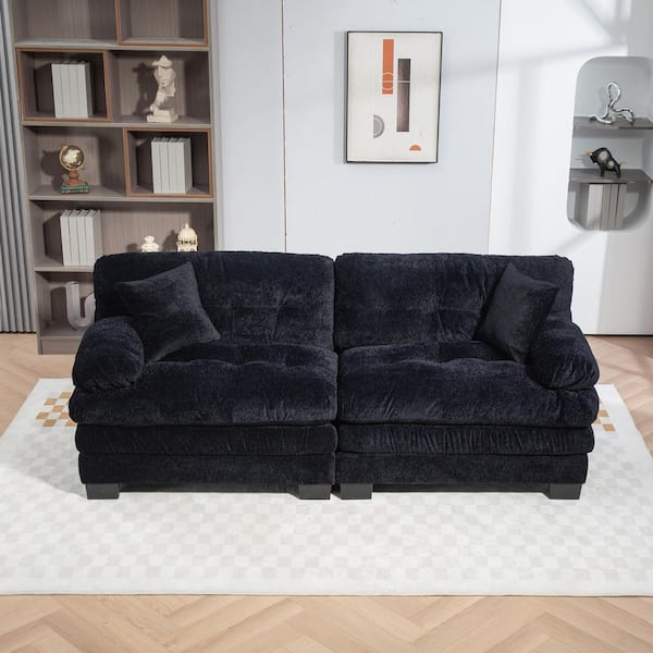 84 in. Dual-Layer Modular Chenille Rectangle Deep Seat Pillow Top Arm Sectional Sofa in Black