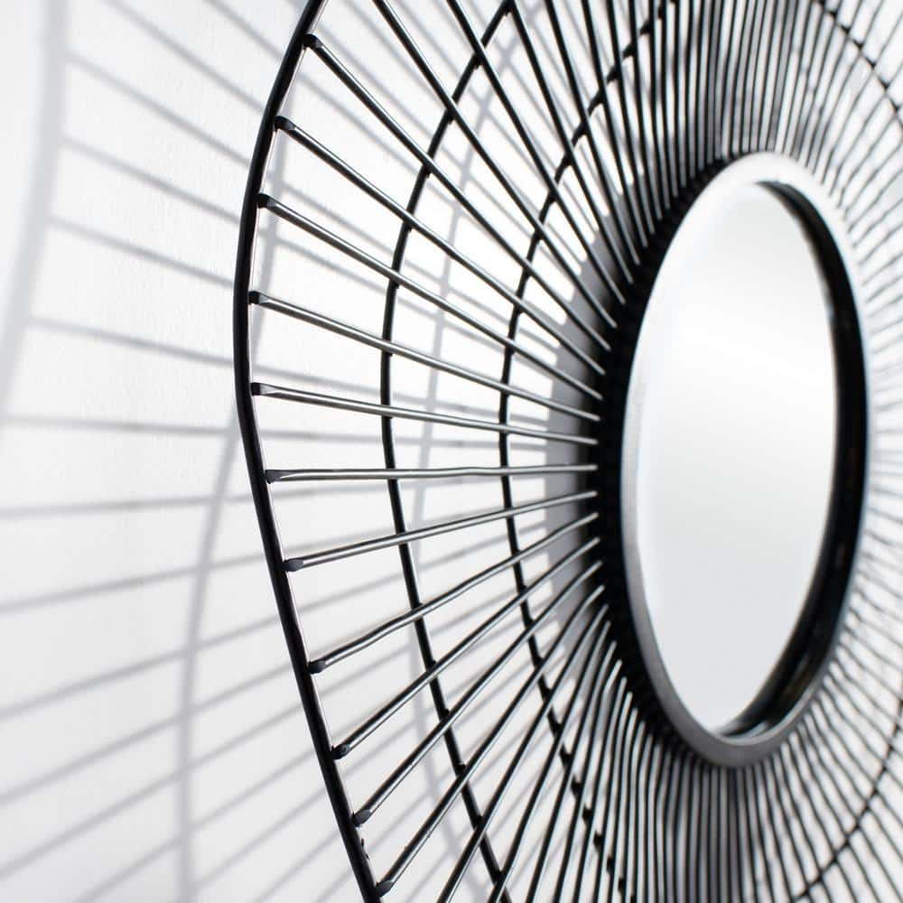 30" Contemporary Round Black Wood Mirror with Abstract Waves