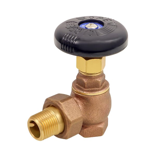PLUMBFLEX 1-1/2 in. Heavy Duty Brass Steam Angle Radiator Valve FIP x Male Union, with Molded Thermal Plastic Handle