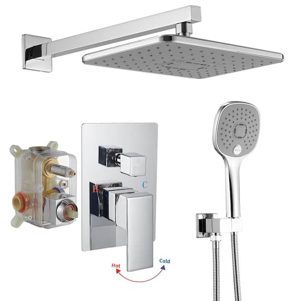 BWE Luxurious Single Handle 2-Spray 11.53 in. Wall Mount Rectangle Shower Head with Hand Shower Faucet in Polished Chrome