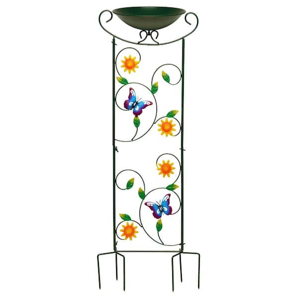 35 in. Green Butterfly Garden Iron Trellis Bird Bath