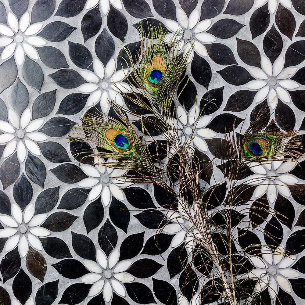 Thistle Black and White Polished Marble Mosaic Tile Sheet