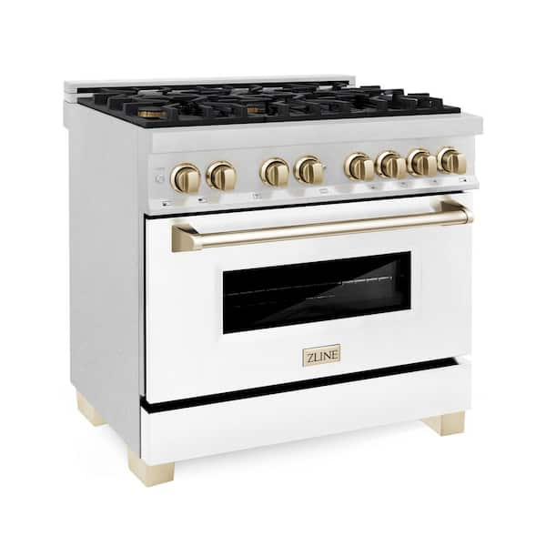 ZLINE Kitchen and Bath Autograph Edition 36 in. 6 Burner Dual Fuel Range in Fingerprint Resistant Stainless Steel, White Matte & Polished Gold