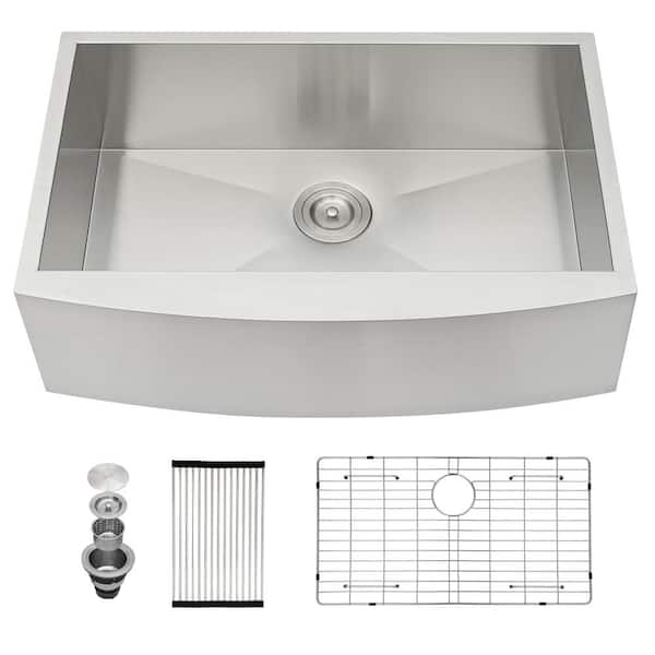 JimsMaison Brushed Nickel Stainless Steel 36 in. Single Bowl Farmhouse Apron Kitchen Sink with Bottom Grid