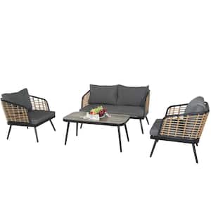 4-Pieces Patio Furniture Set, PE Rattan Wicker 4 Pcs Outdoor Sofa Set with Black Cushions