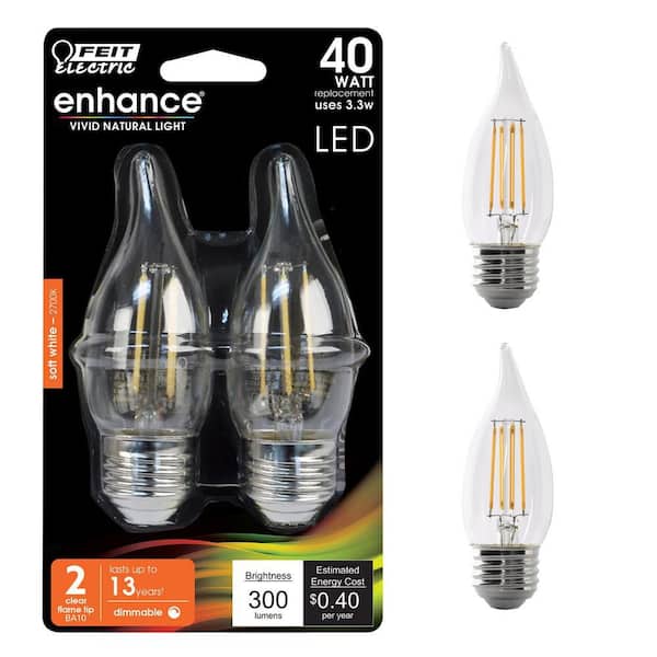 60-Watt Equivalent BA10 E26 Medium Dimmable Filament CEC Flame Tip Chandelier LED Light Bulb, Daylight 5000K (2-Pack)