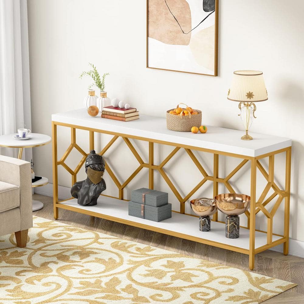 White and Gold 71" Wood and Metal Console Table with Storage