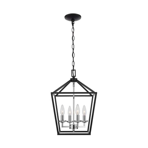 Home Decorators Collection Weyburn 4-Light Black and Polished Chrome Farmhouse Chandelier Light Fixture with Caged Metal Shade