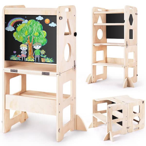 Reach 1 ft. 4-in-1 Toddler Kitchen Step Stool Foldable Learning Standing Tower, Wooden Kitchen Stool Helper