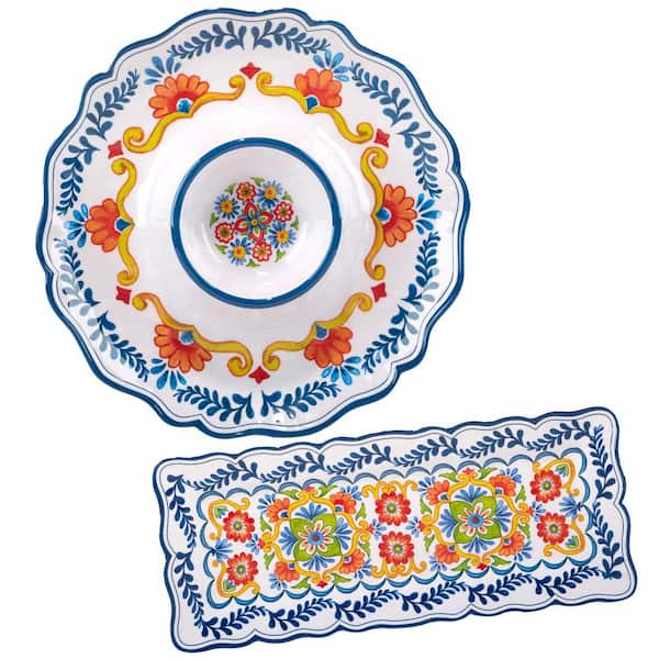 Certified International Flores 19 in. Multi-Colored Melamine Platter and 14.5 in. Chip And Dip Server Appetizer 2-Piece Set