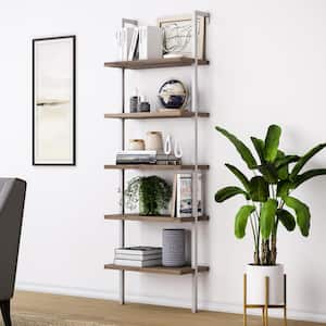 Theo Natural Light Brown 5-Shelf Ladder Bookcase or Bookshelf with White Metal Frame
