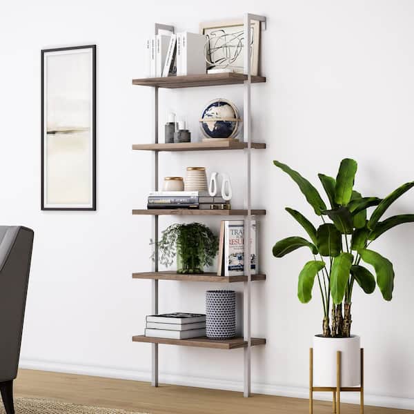Nathan James Theo Natural Light Brown 5-Shelf Ladder Bookcase or Bookshelf with White Metal Frame