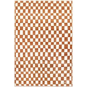 Dominique Abstract Checkered Fringe Orange Doormat 3 ft. 3 in. x 5 ft. Accent Rug