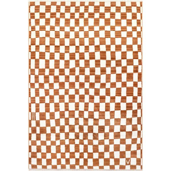 nuLOOM Dominique Abstract Checkered Fringe Orange 6 ft. 7 in. x 10 ft. 2 in. Area Rug