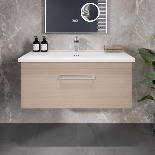 Orleans 38 in. Single Sink Floating Light Oak Bath Vanity with White Porcelain Top (Assembled)