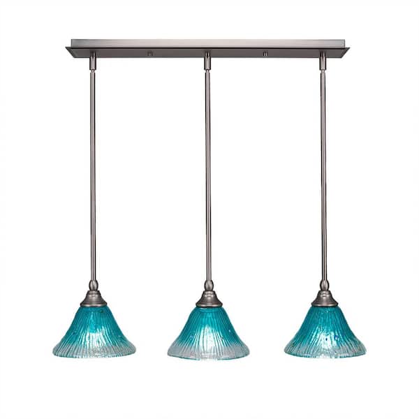 Unbranded Livingston 100-Watt 3 Light Brushed Nickel, Linear Pendant Light with 7 in. Teal Crystal Glass Shade No Bulbs Included