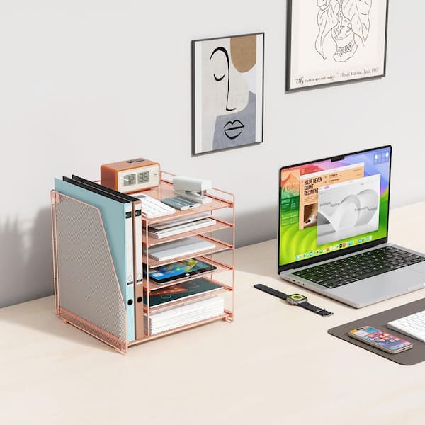 12.4 in. x 11.8 in. Desk Organizers and Accessories 6-Tier Paper Organizer with File Holder Document Organizer Rose Gold