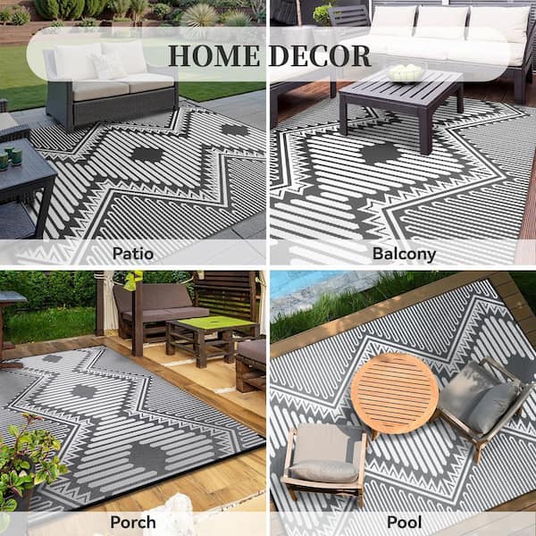 Grey 5 ft. x 8 ft. Modern Boho Reversible Plastic Straw Waterproof Outdoor Patio Deck Porch Pool Camping Beach Area Rug