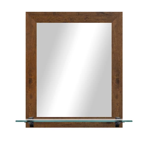 Unbranded 21.5 in. W x 25.5 in. H Rectangle Light Walnut Vertical Framed Mirror With Tempered Glass Shelf/Black Bracket