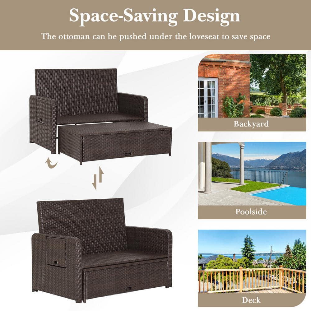 Red Adjustable Rattan Loveseat with Multifunctional Ottoman