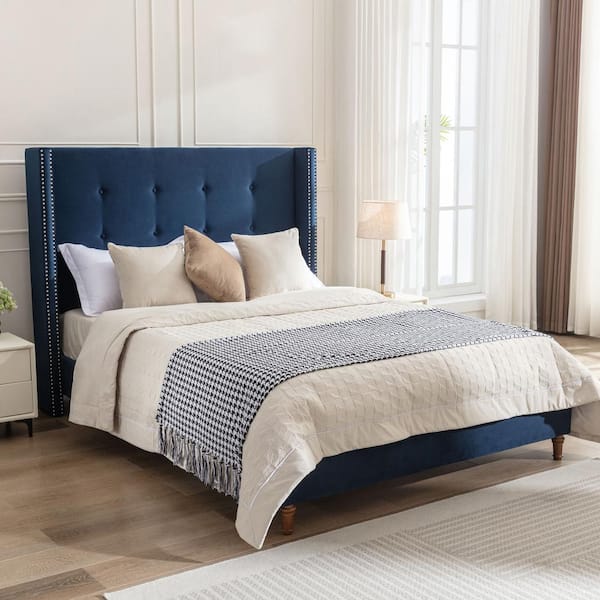 Noble House Peyton Blue Velvet Upholstery and Wood Frame Queen