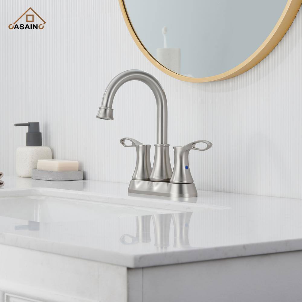 Brushed Nickel Dual Handle High Arc Bathroom Faucet with Metal Drain