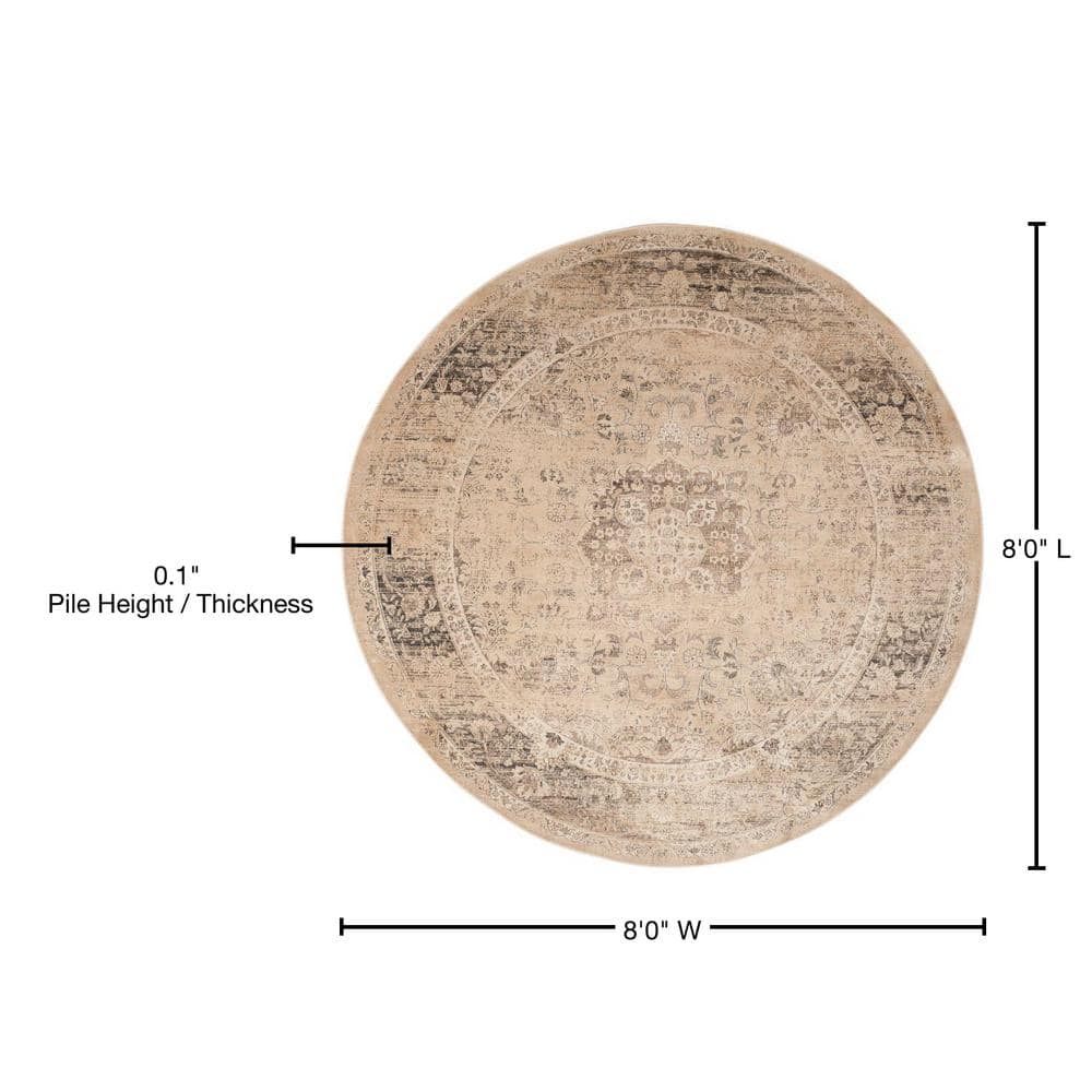 Vintage Warm Beige Round Wool and Viscose Area Rug