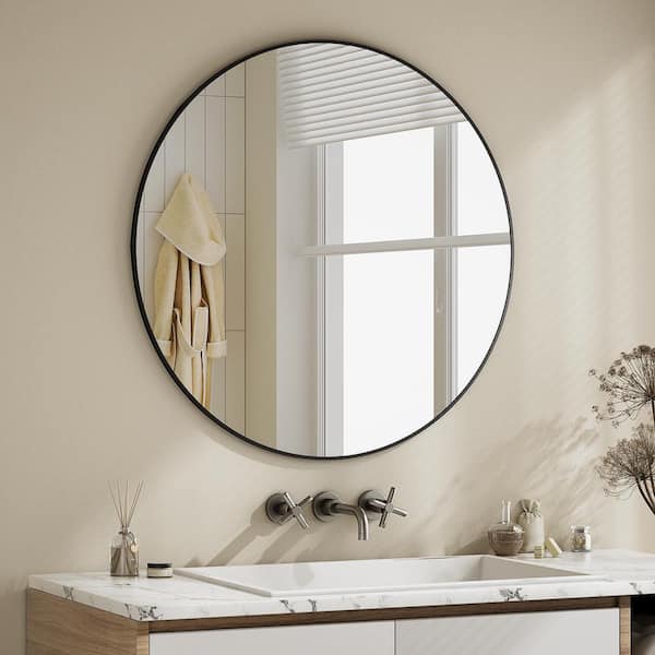 XRAMFY 29.9 in. W x 29.9 in. H Round Modern Black Aluminum Framed Bathroom Mirror Wall Mirror