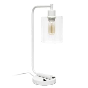 18.8 in. Bronson White Antique Style Industrial Iron Lantern Desk Lamp with USB Port and Glass Shade
