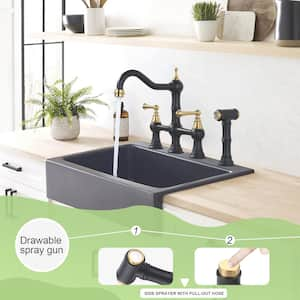 Antique Design Double Handle Bridge Kitchen Faucet with Side Sprayer in Black and Gold