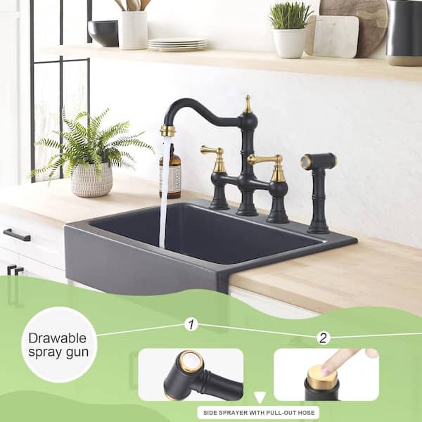 Antique Design Double Handle Bridge Kitchen Faucet with Side Sprayer in Black and Gold