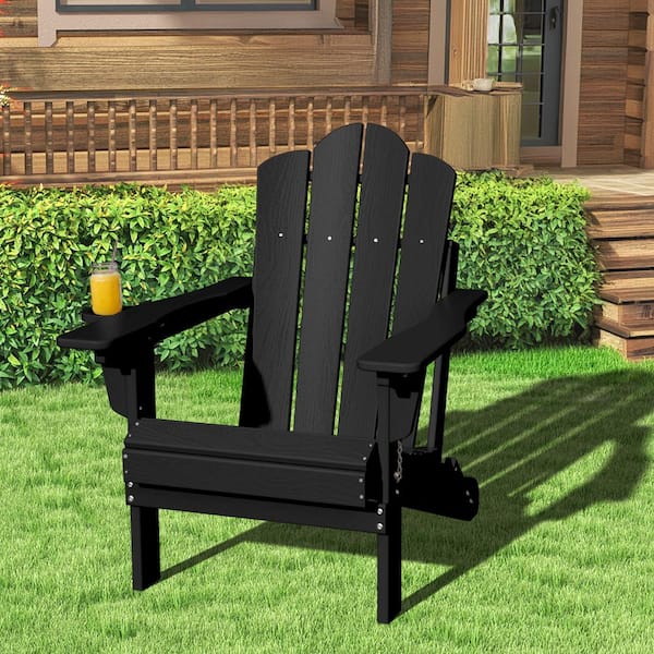 JEAREY 1-Piece HDPE Folding Adjustable Adirondack Chair in Black