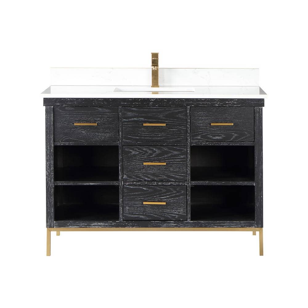 Kesia 48" Black Oak Bathroom Vanity with White Stone Countertop
