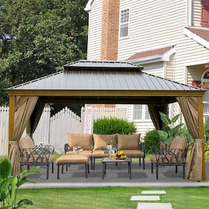 12 ft. x 16 ft. Hardtop Gazebo Outdoor Aluminum Wood Grain Gazebos with Galvanized Steel Double Canopy (Wood-Looking)