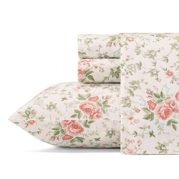 Laura Ashley Lilian 4-Piece Pastel Red Floral 300-Thread Count Sateen Queen Sheet Set