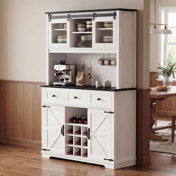 47 in. W x 14 in. D x 71 in. H White Wood Linen Cabinet with Sliding Door, 2 Power Outlet, Wine & Glasses Rack in White