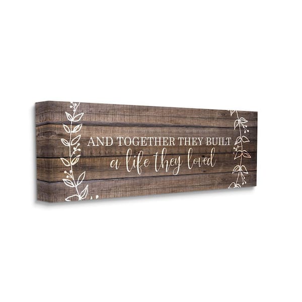 "Together They Built Love Wood Pattern Worded Phrase" by Kim Allen Unframed Country Canvas Wall Art 10 in. x 24 in.