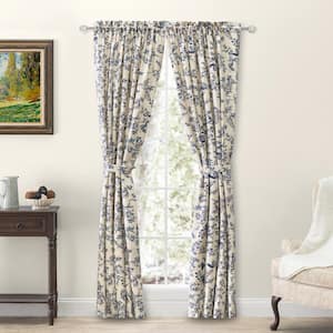 Waverly Gardens 42 in. W x 84 in. L Toile Rod Pocket Room Darkening Curtain Panel in Indigo (Set of 2)