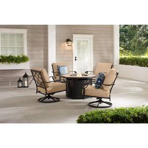 Bowbridge 5-Piece Black Steel Outdoor Patio Fire Pit Seating Set with Sunbrella Beige Tan Cushions