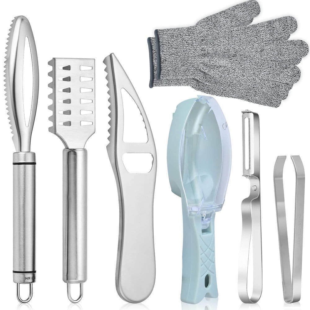 Gray Stainless Steel 7-Pieces Fish Scaler Brush Remover Set with Mitten, Sawtooth Tweezers and Cover price history on PriceWatchPro