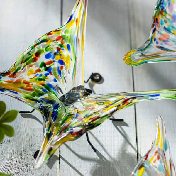 Evergreen Glass Butterfly with Iron Feet, Set of 3