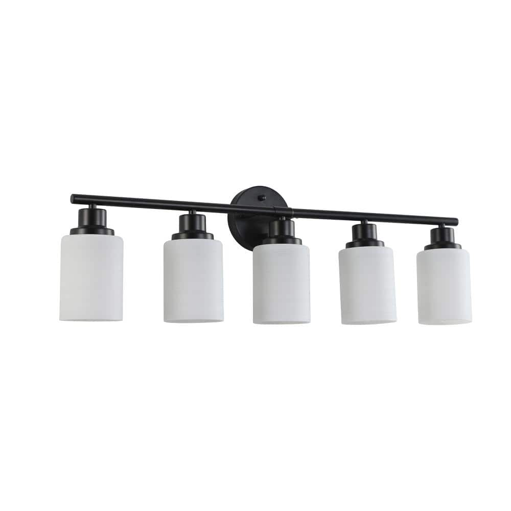 5-Light Black Vanity Light with Cylindrical White Frosted Glass Shades and Iron Frame, E26 Bulbs Not Included price history on PriceWatchPro